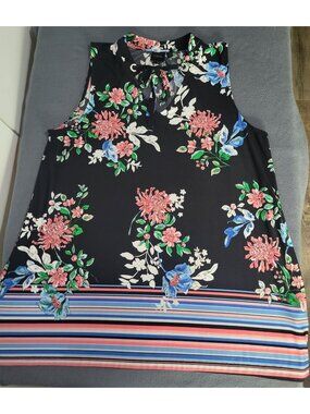 Rafaella Womens LG Sleeveless Top Multicolor Floral Stripes